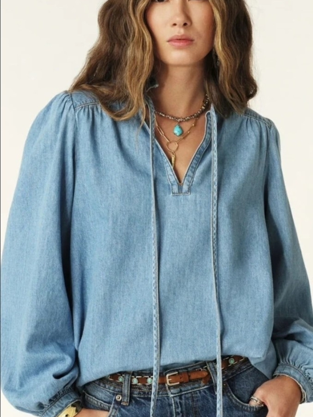 ba&sh Light Blue Denim Peasant Blouse with Tie Neck